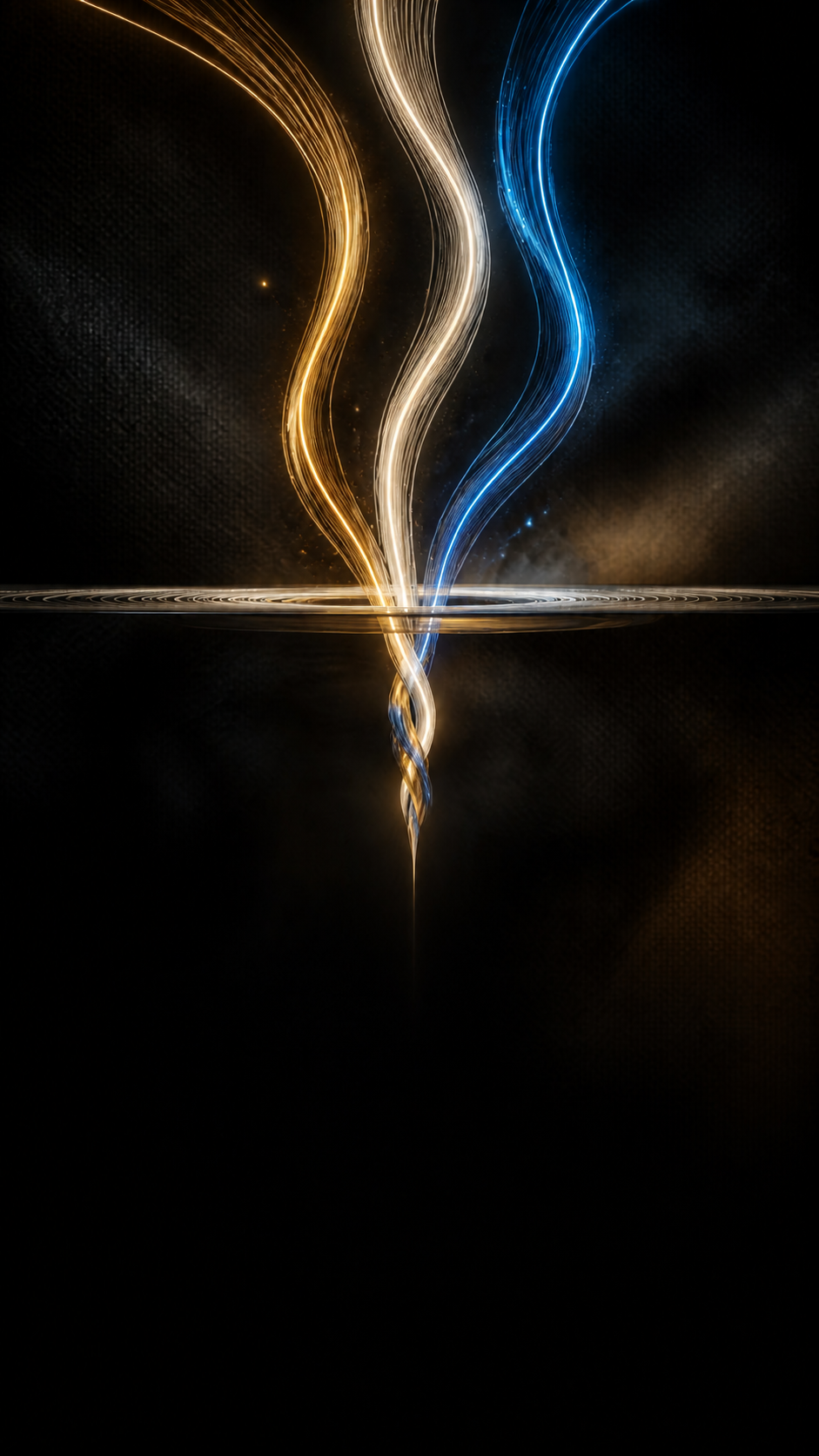 Three gold, ivory, and blue light streams converging through a dark equilibrium plane
